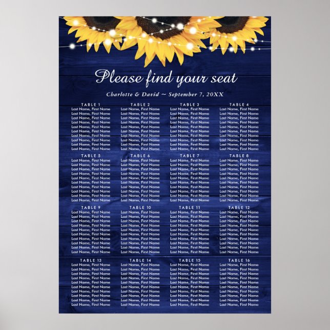 Navy Blue Sunflower Wedding Table Plan 16 Poster (Front)