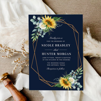 navy blue Sunflower white peony wedding Invitation