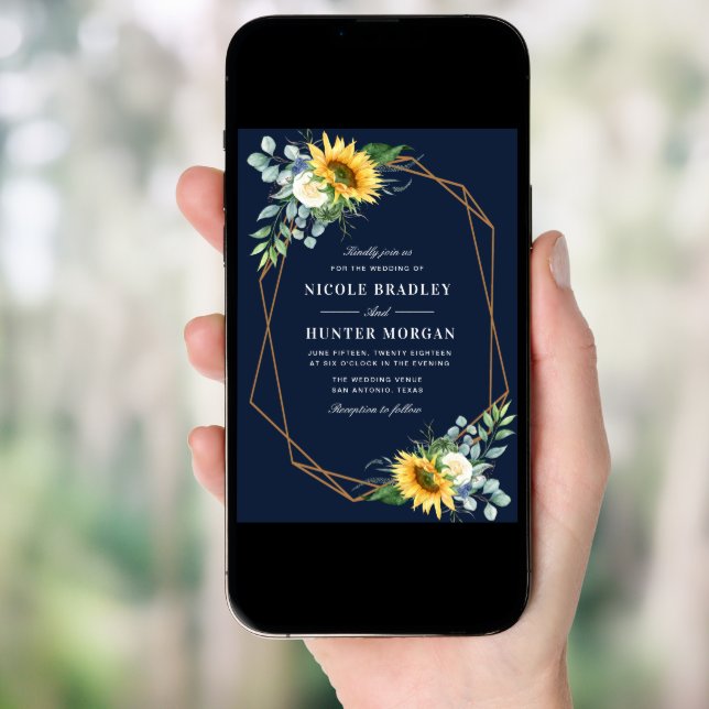 navy blue Sunflower white peony wedding Invitation (Front Digital)