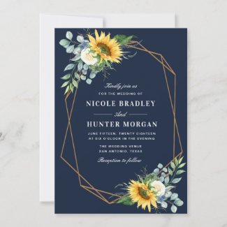 navy blue Sunflower white peony wedding Invitation