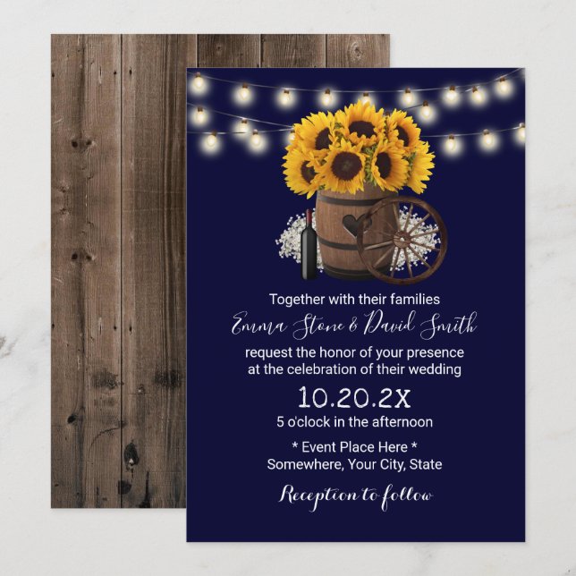 Navy Blue Sunflower Wood Barrel Rustic Wedding Invitation (Front/Back)