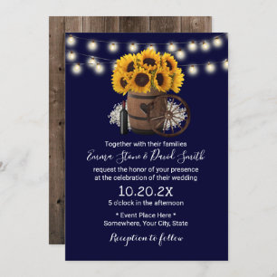 Navy Blue Sunflower Wood Barrel Rustic Wedding Invitation