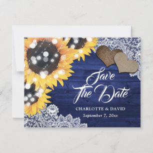 Navy Blue Sunflower Wood Burlap Hearts Wedding Announcement