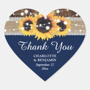 Navy Blue Sunflower Wood Burlap Lace Thank You Heart Sticker