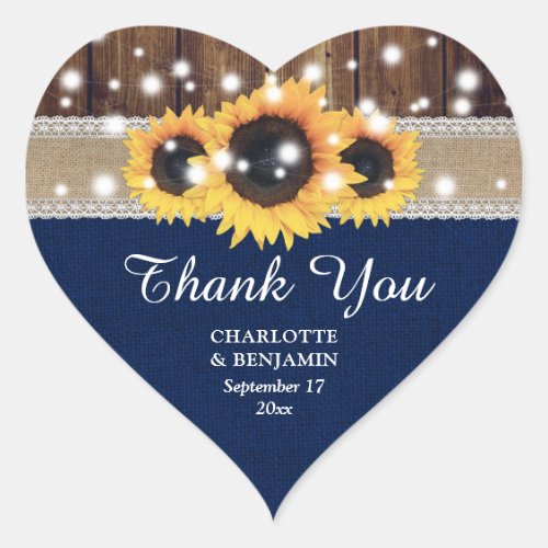 Navy Blue Sunflower Wood Burlap Lace Thank You Heart Sticker