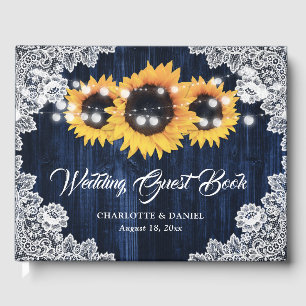 Navy Blue Sunflower Wood Floral Lace Wedding Guest Book