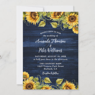 Navy Blue Sunflower Wood Floral Wedding Invitation