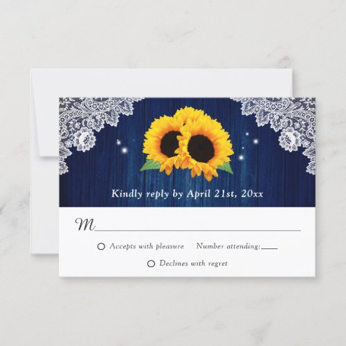 Navy Blue Sunflower Wood Lace Burlap Wedding RSVP Card