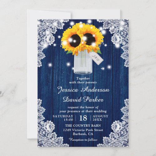 Navy Blue Sunflower Wood Lace Mason Jar Wedding Invitation