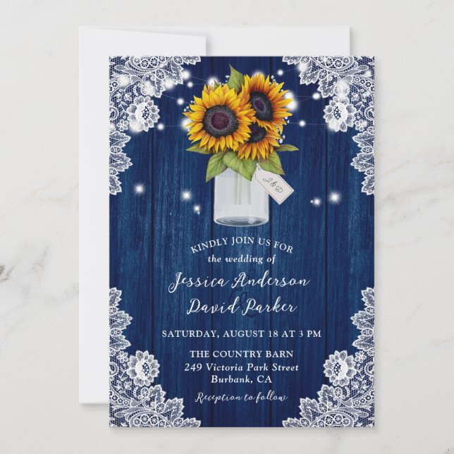 Navy Blue Sunflower Wood Lace Mason Jar Wedding Invitation (Front)
