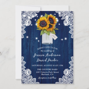 Navy Blue Sunflower Wood Lace Mason Jar Wedding Invitation