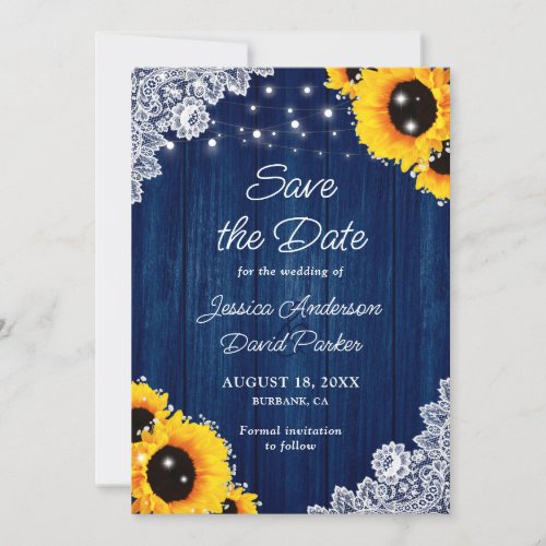 Navy Blue Sunflower Wood Lace String Lights Save The Date