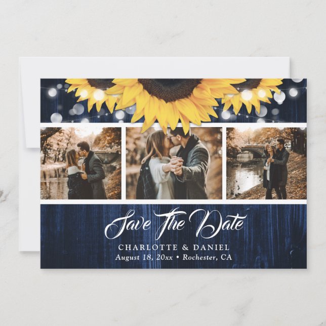 Navy Blue Sunflower Wood Lights Wedding Photo Save The Date (Front)
