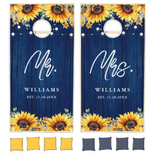 Navy Blue Sunflower Wood Mr Mrs Wedding Cornhole Set