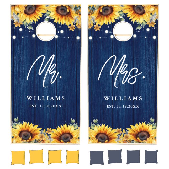Navy Blue Sunflower Wood Mr Mrs Wedding Cornhole Set (Set)