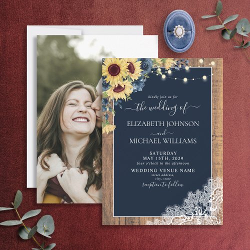 Navy Blue Sunflower Wood Script Lace Photo Wedding Invitation