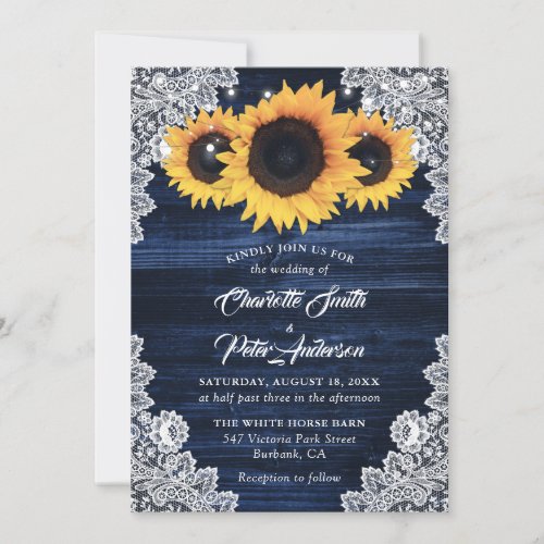 Navy Blue Sunflower Wood String Lights Wedding Invitation