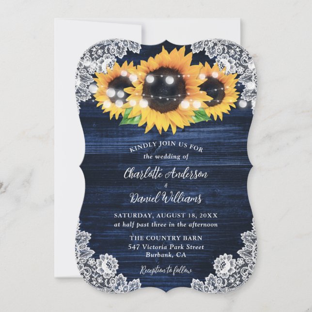 Navy Blue Sunflower Wood String Lights Wedding Invitation (Front)