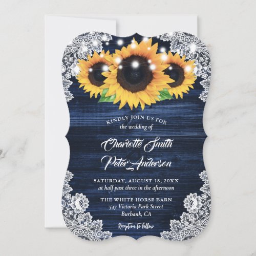 Navy Blue Sunflower Wood String Lights Wedding Invitation