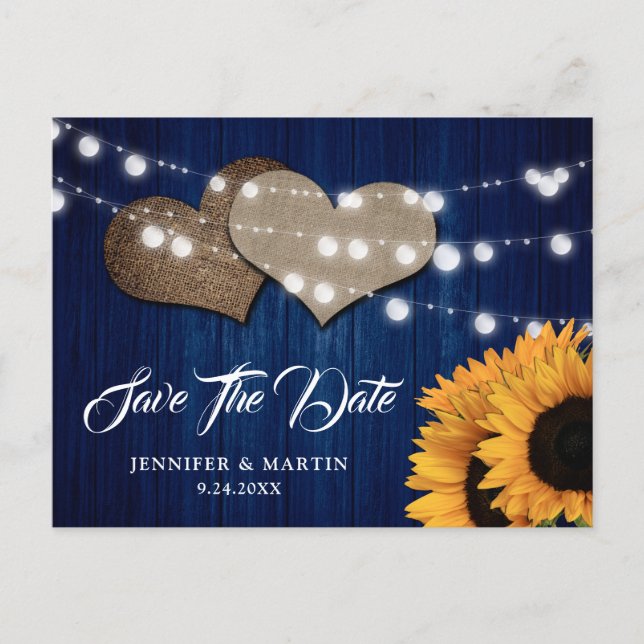 Navy Blue Sunflower Wood String Lights Wedding Postcard (Front)