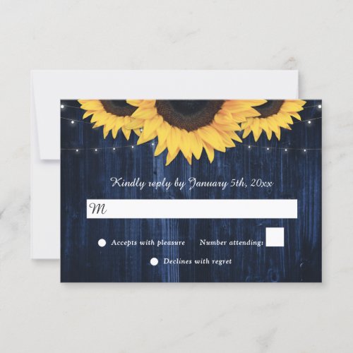 Navy Blue Sunflower Wood String Lights Wedding RSVP Card