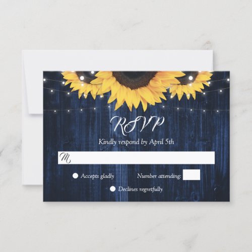 Navy Blue Sunflower Wood String Lights Wedding RSVP Card