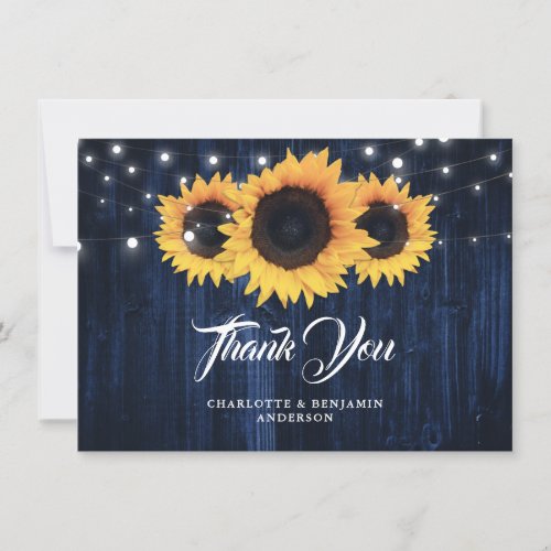 Navy Blue Sunflower Wood String Lights Wedding Thank You Card