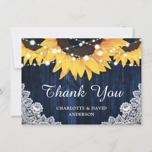 Navy Blue Sunflower Wood String Lights Wedding Thank You Card