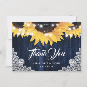 Navy Blue Sunflower Wood String Lights Wedding Thank You Card