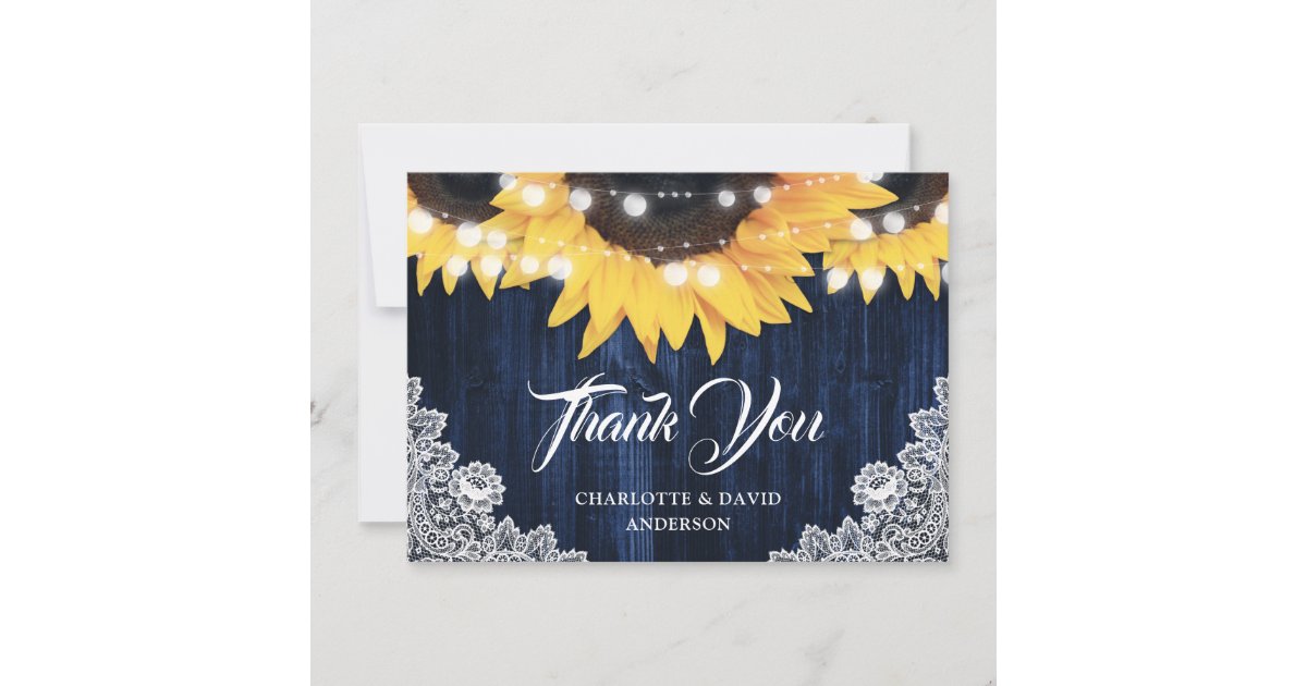 Navy Blue Sunflower Wood String Lights Wedding Thank You Card | Zazzle