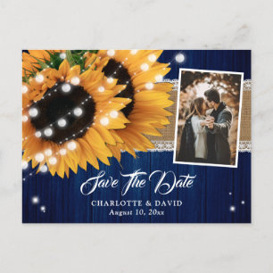 Navy Blue Sunflower Wood Wedding Photo Announcement Postcard