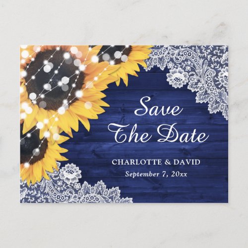 Navy Blue Sunflower Wood Wedding Save The Date Announcement Postcard