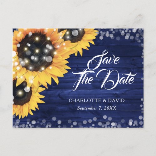 Navy Blue Sunflower Wood Wedding Save The Date Announcement Postcard