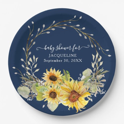 Navy Blue Sunflower Wreath Floral Boy Baby Shower Paper Plates