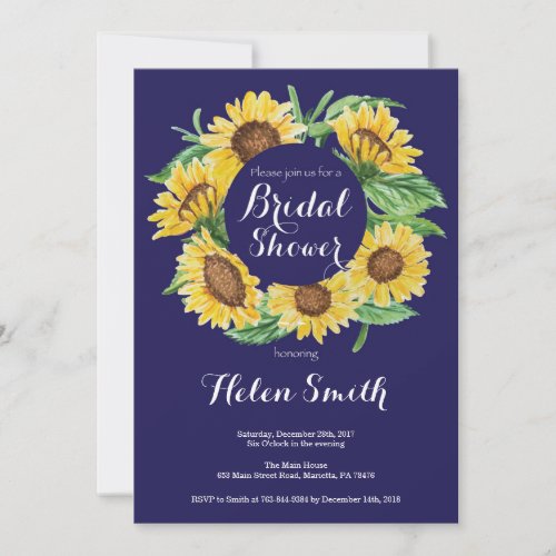 Navy Blue Sunflowers Bridal Shower Invitation