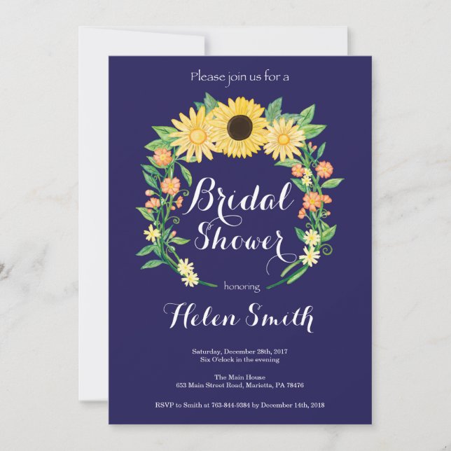 Navy Blue Sunflowers Bridal Shower Invitation (Front)