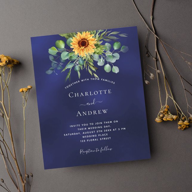 Navy blue sunflowers budget wedding invitation (Creator Uploaded)