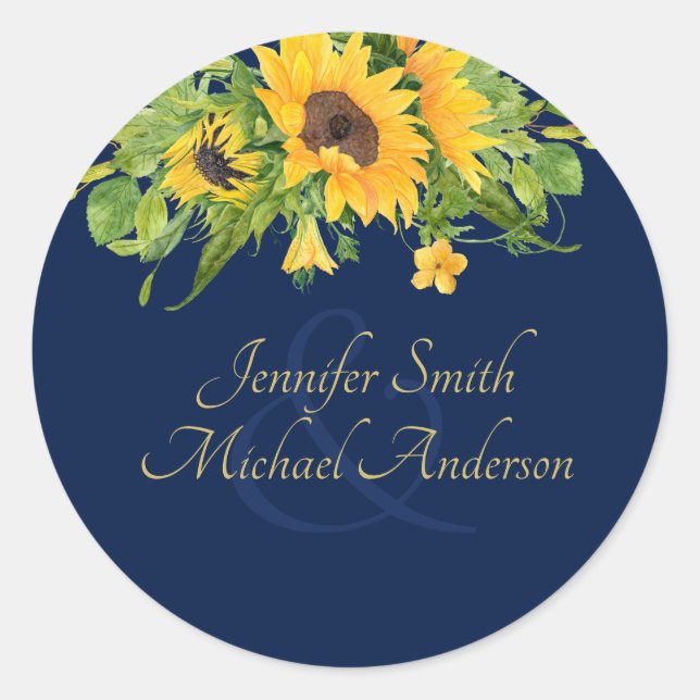 Navy Blue Sunflowers Couples Favor Sticker (Front)