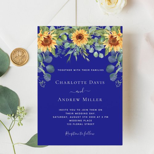 Navy blue sunflowers eucalyptus greenery invitation