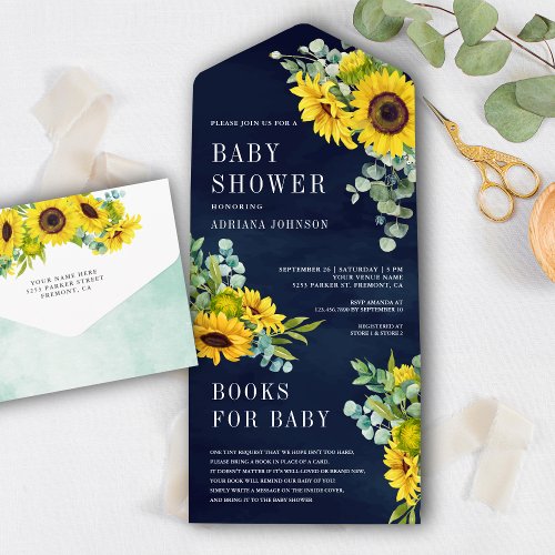 Navy Blue Sunflowers Eucalyptus Leaves Baby Shower All In One Invitation