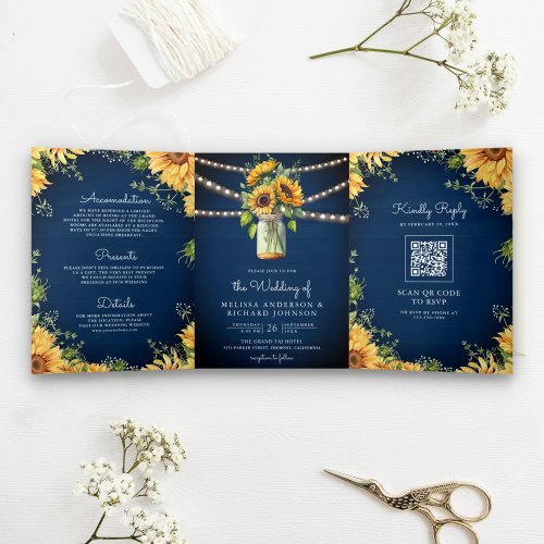 Navy Blue Sunflowers Mason Jar QR Code Wedding Tri_Fold Invitation