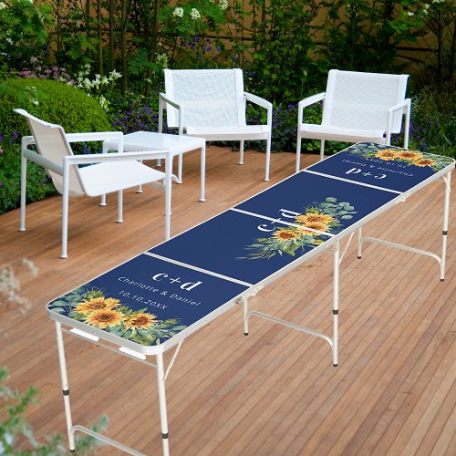Navy blue sunflowers monogram wedding beer pong table