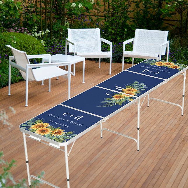 Navy blue sunflowers monogram wedding beer pong table (Creator Uploaded)