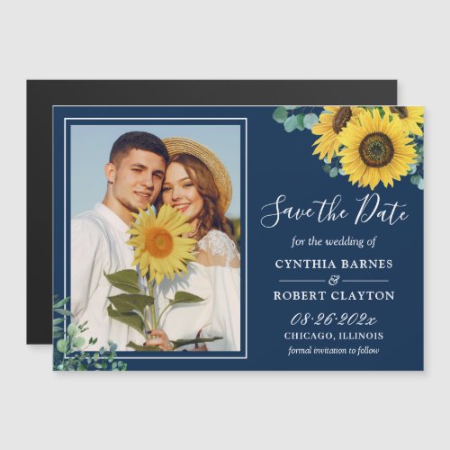 Navy Blue Sunflowers Photo Save the Date Magnet - Navy Blue Sunflowers Photo Save the Date Magnetic Card