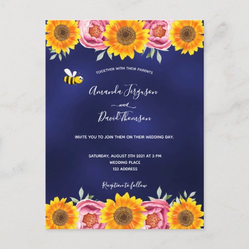 Navy blue sunflowers pink bee wedding invitation postcard