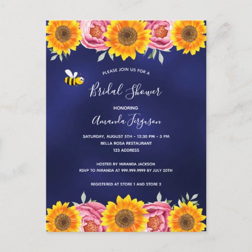 Navy blue sunflowers pink Bridal Shower invitation Postcard