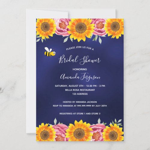 Navy blue sunflowers pink florals Bridal Shower Invitation