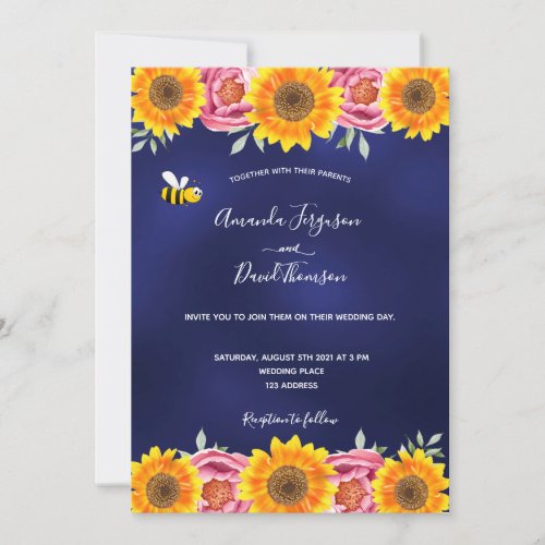 Navy blue sunflowers pink florals wedding invitation