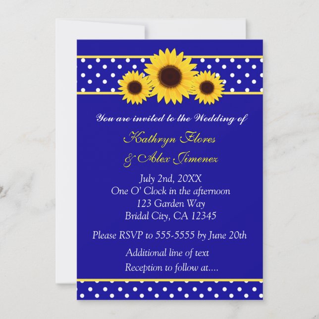 Navy Blue Sunflowers Polka Dot Wedding Invitation (Front)