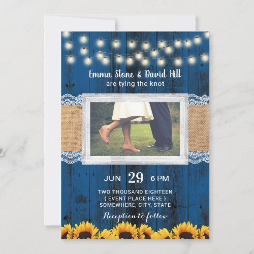 Navy Blue Sunflowers Rustc Wedding Photo Invitation